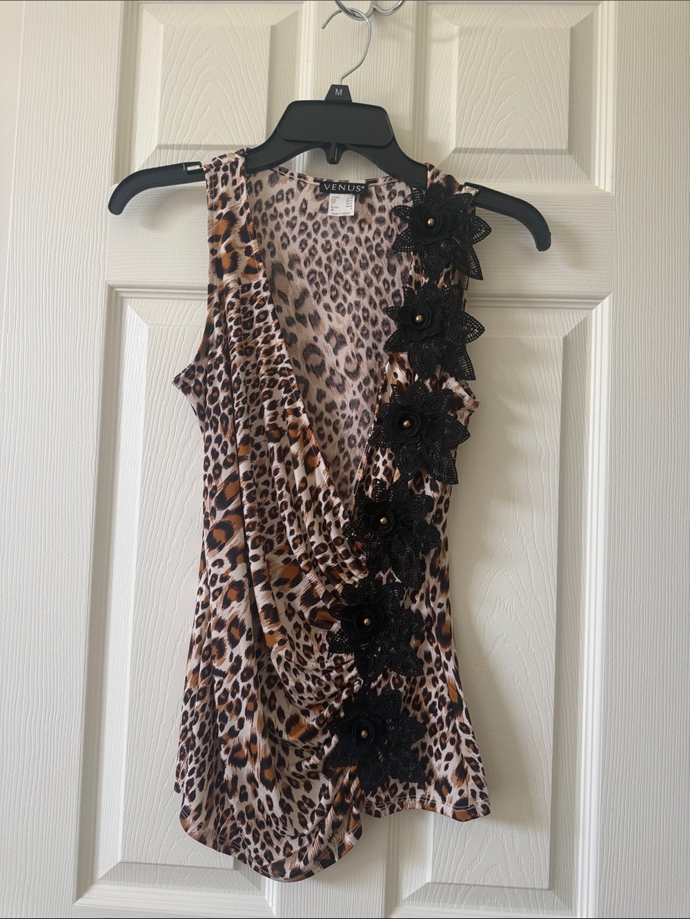 VENUS Leopard-Print Draped Camisole with Black Floral Appliqués